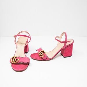 Gucci Kid Scamosciato GG Logo Marmont Ankle Wrap 75mm Suede Heels Sandals Shoes